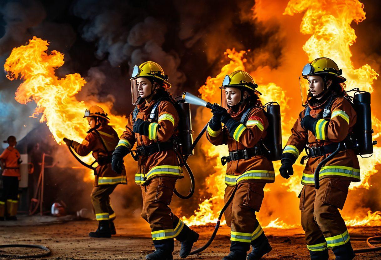 A dynamic scene showcasing a diverse group of young female firefighters in action, confidently battling flames together. The background features a vibrant fire engulfing a training ground, illuminating their focused faces with an orange glow. Each girl is in full firefighting gear, embodying strength and camaraderie, while one holds a hose, and another gestures, rallying her team. Emphasize resilience and unity amidst the chaos of fire. super-realistic. vibrant colors. heroic theme.