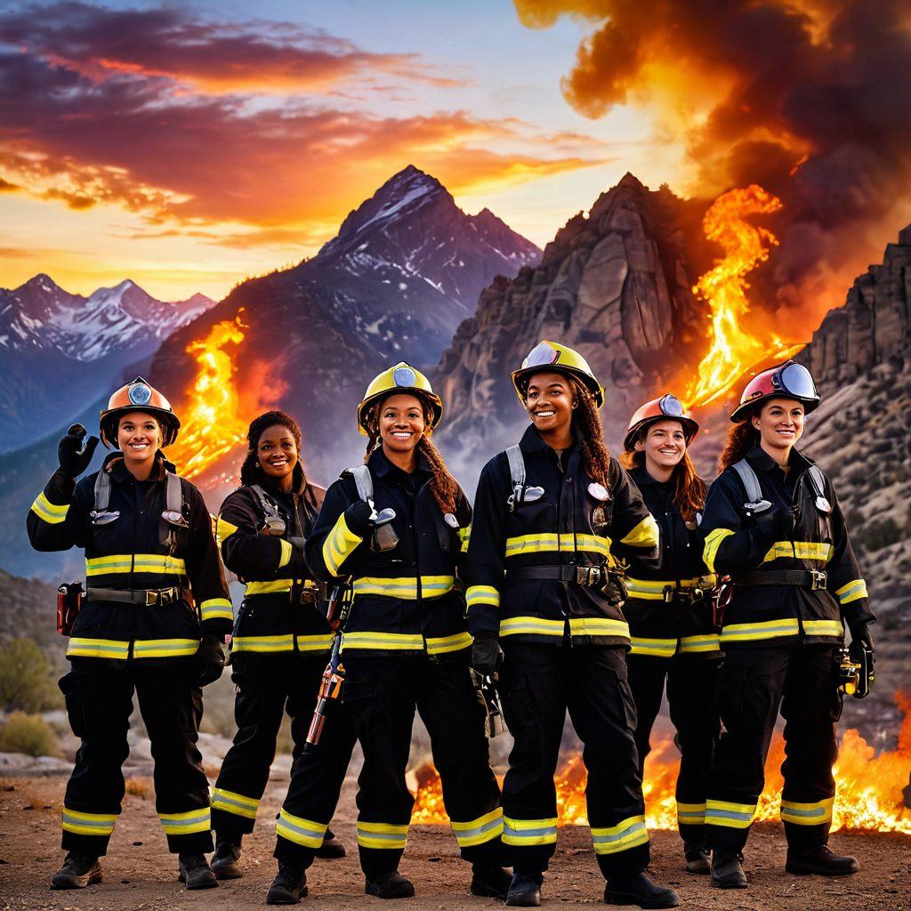 A powerful female firefighter stands proudly with a backdrop of stunning mountains, showcasing her strength and determination. Surround her with a group of diverse firegirls, all smiling and sharing a moment of camaraderie, with bright flames in the foreground symbolizing their fierce spirit. The sky is vibrant with sunset colors, illuminating their joyful expressions. super-realistic. vibrant colors. adventurous theme.
