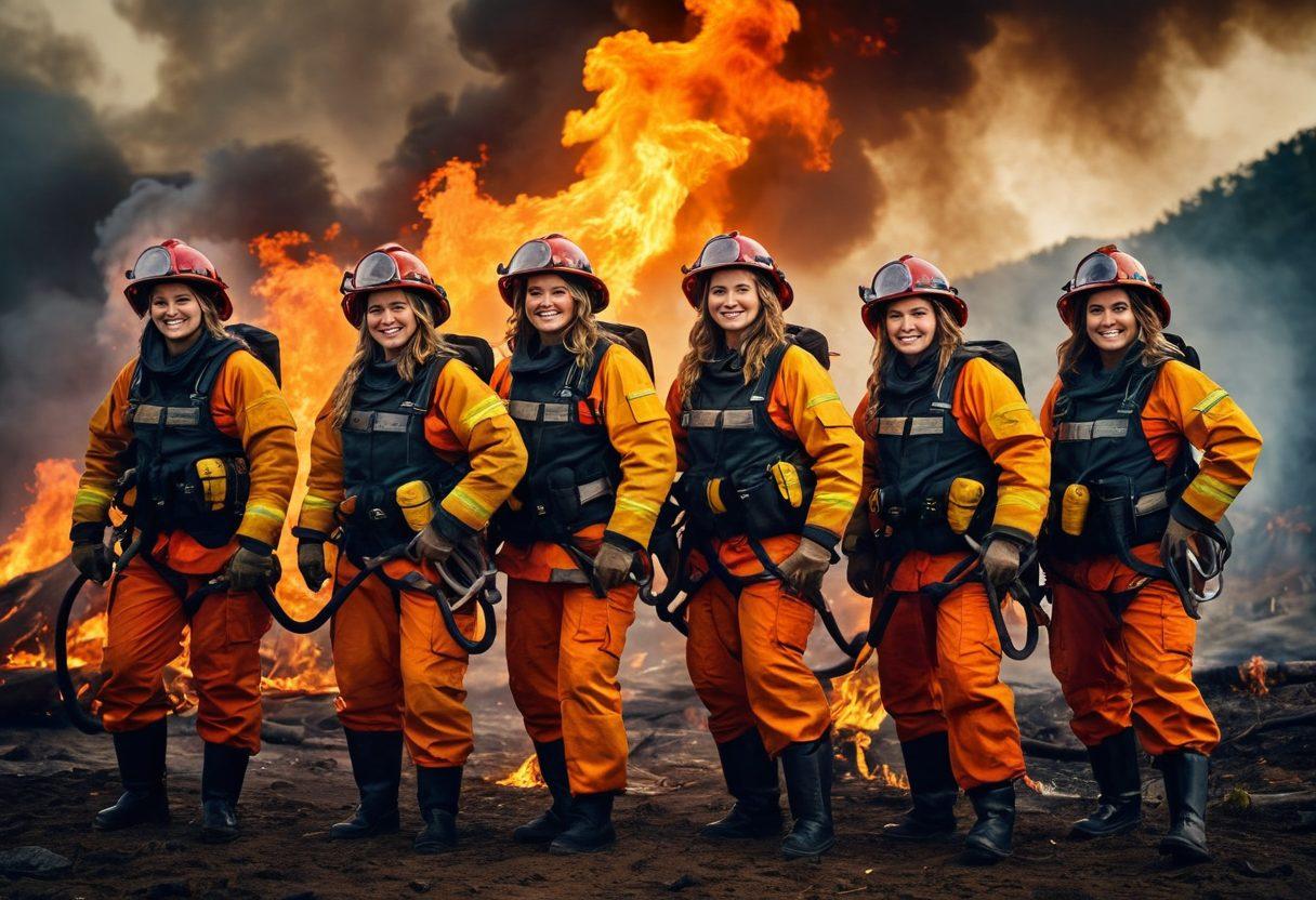 A dynamic scene of brave firewomen celebrating together amidst a backdrop of smoky skies and bright flames, exuding confidence and strength. Each woman is in action poses with hoses and fire gear, surrounded by vibrant colors that symbolize courage and empowerment. The atmosphere radiates joy and camaraderie, showcasing their extraordinary journey. Portrait style with a dramatic focus on their expressions and teamwork. super-realistic. vibrant colors. dramatic lighting.